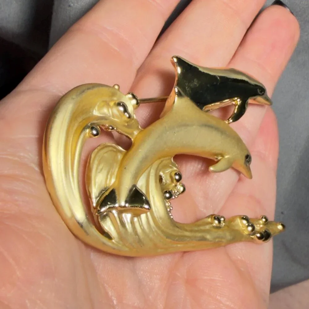 AJC Dolphin Brooch Ocean Wave Figural Gold Tone Pin 2.75”